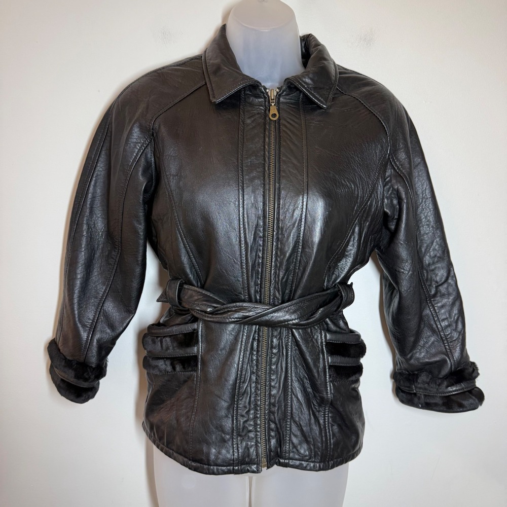 Vintage Dimension New York Leather Jacket Womens XL 8 Belted Faux Fur Lined